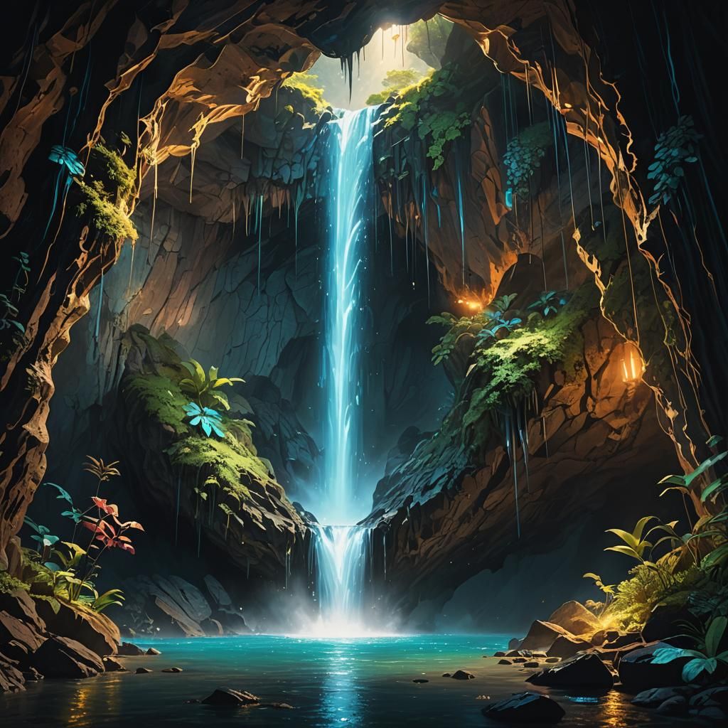 Hidden Waterfall in Bioluminescent Cave, Hyperrealistic Spla...