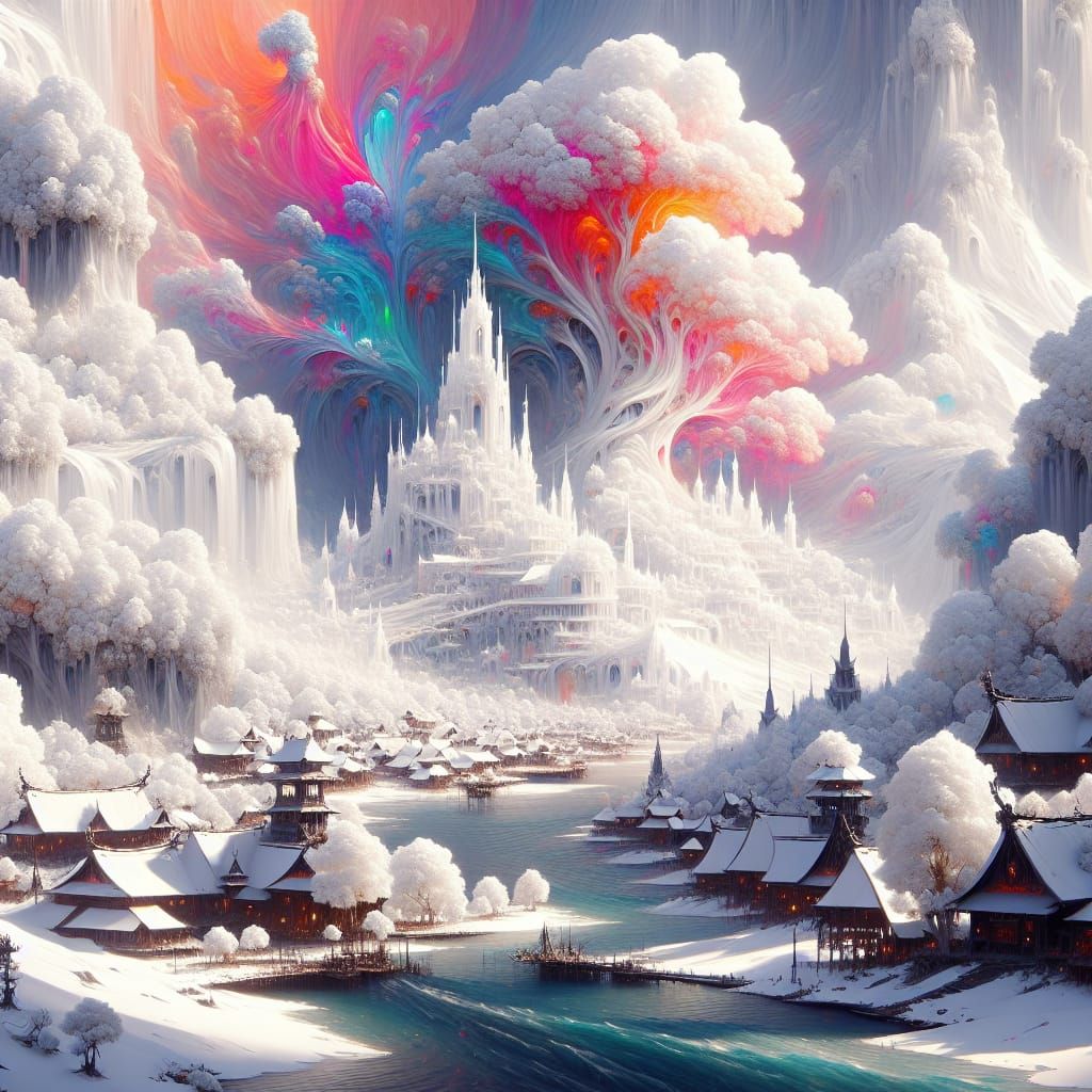Ethereal Fantasy Landscape in Iridescent White