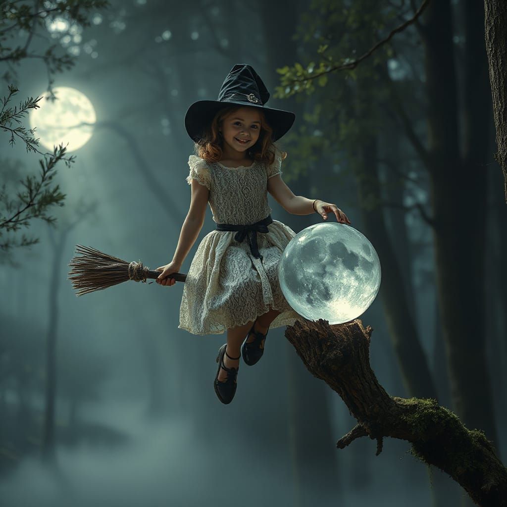 Witch on Broomstick in Moonlit Forest with Crystal