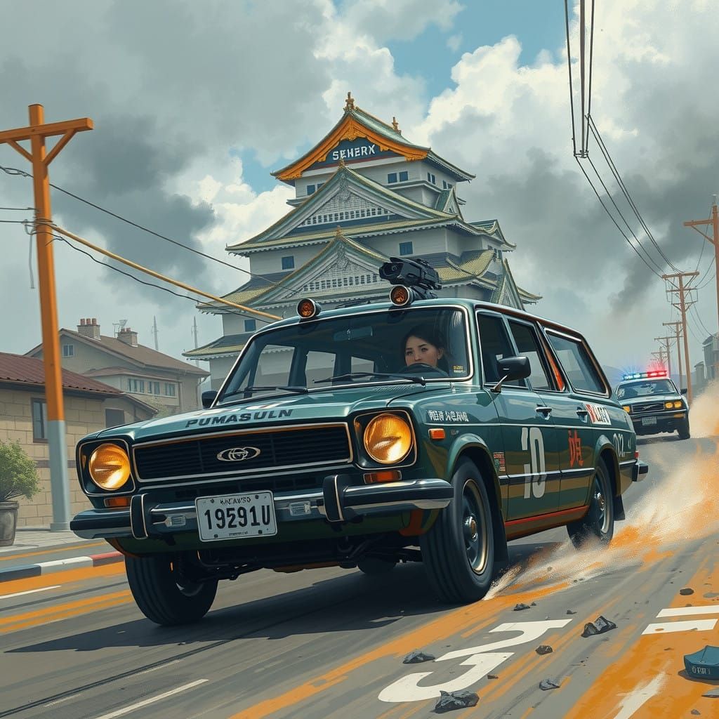 Asian Cyberpunk Female Racer Speeds Through Ruins in a Class...