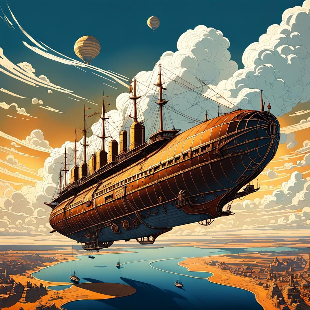 Vintage-Style Steampunk Airship Sails Toward Sunset on Flat...