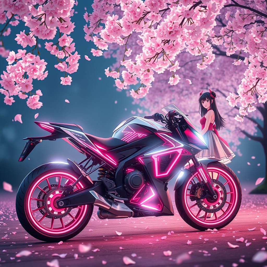 Futuristic Motorcycle Under Bioluminescent Cherry Blossoms, ...