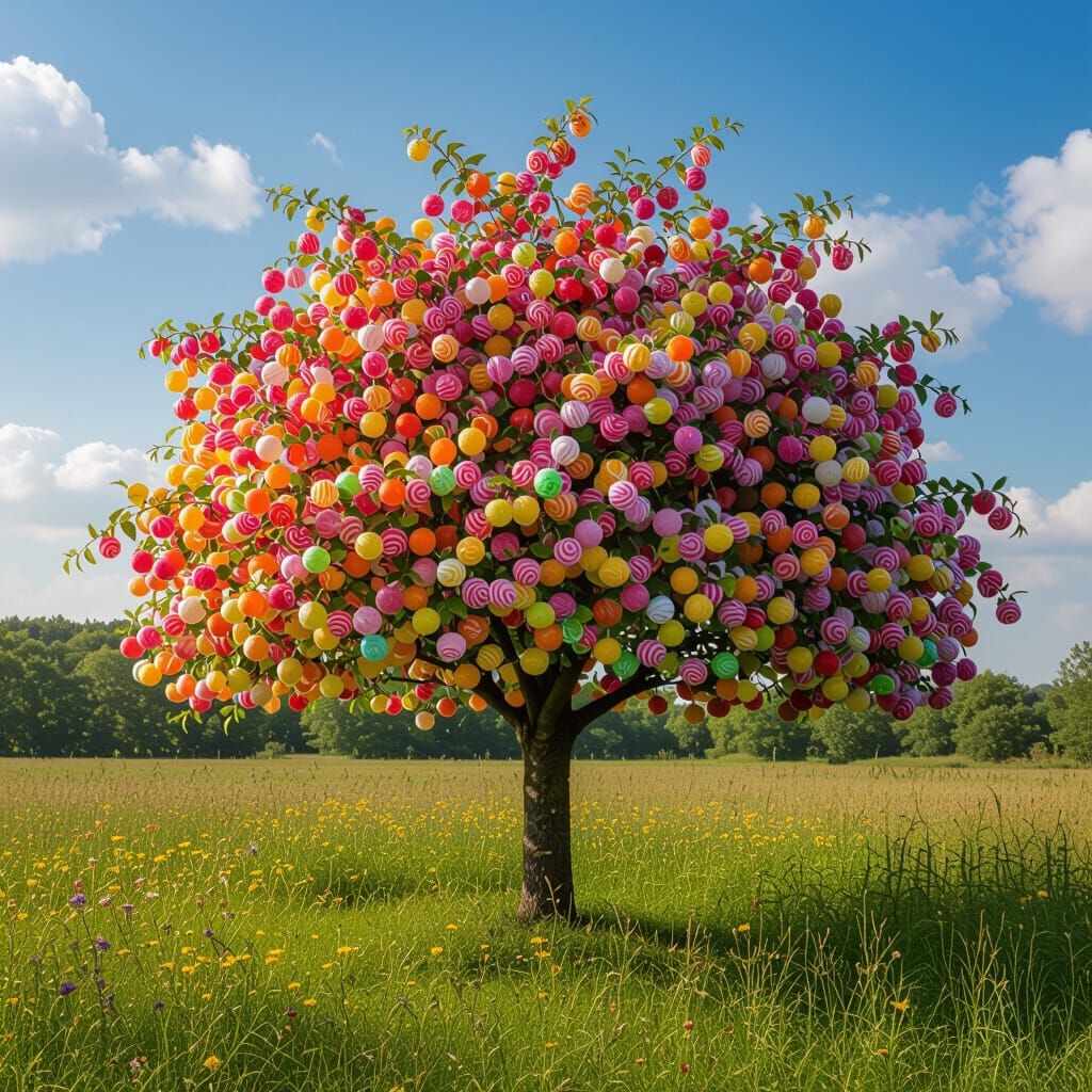 Lilac Tree Adorned with Lollipops on a Sunny Summer Day