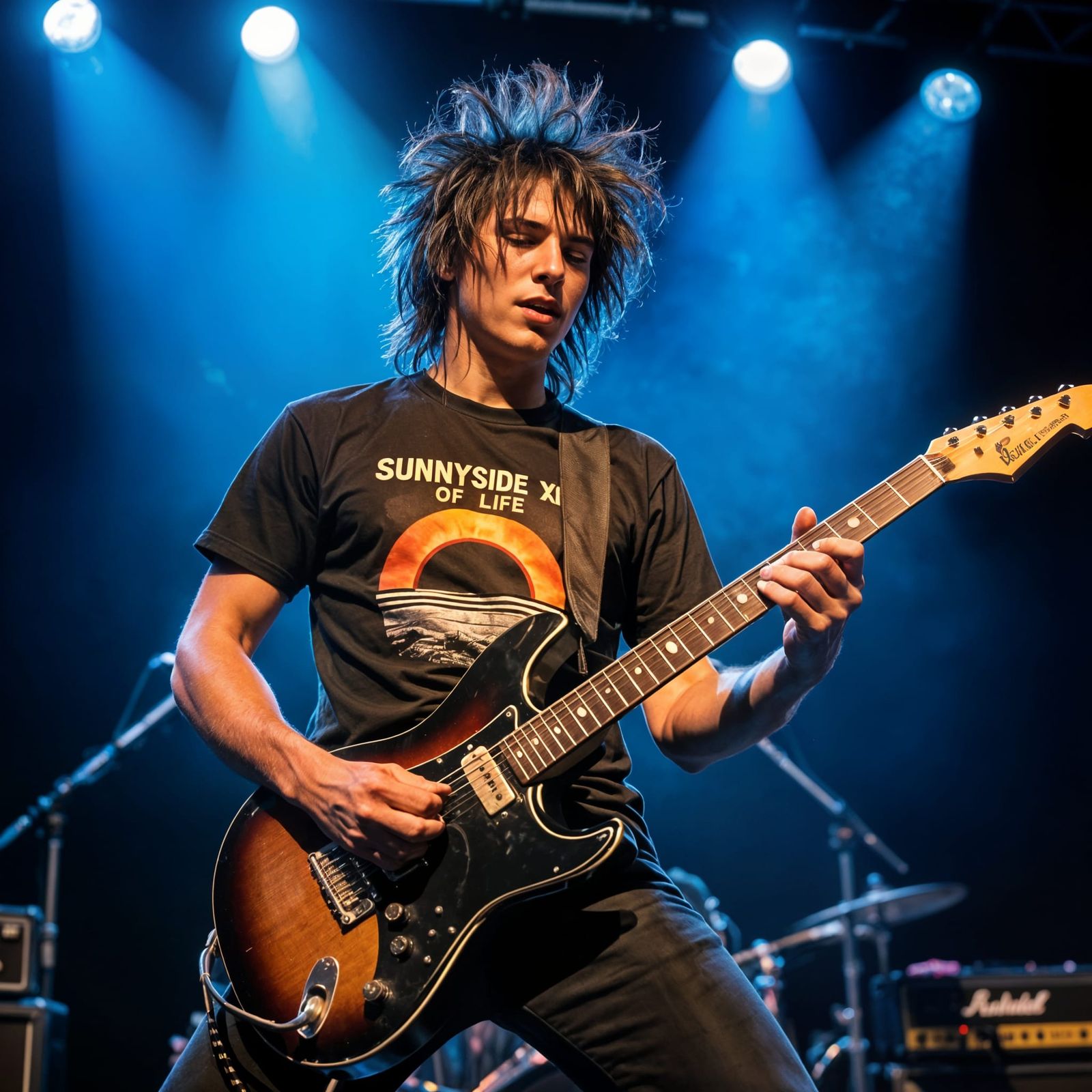 Hot Rock Star Plays Guitar Under Blue Lights