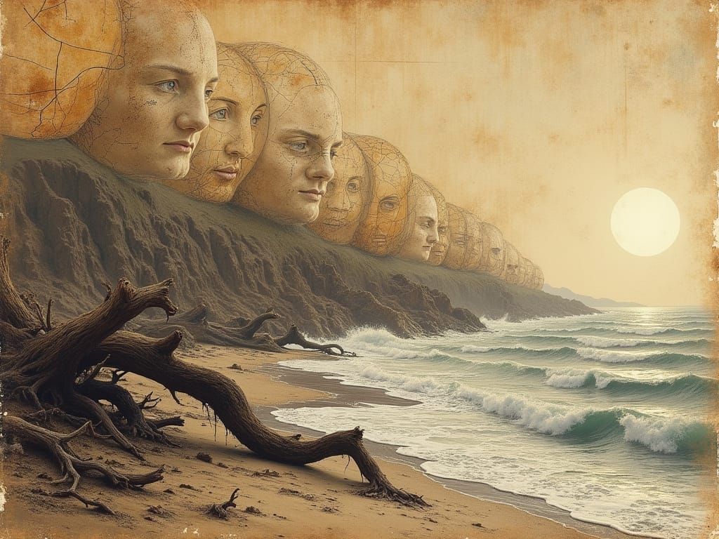 Driftwood Curling Eroded Olde-World Map, Charred and Rusty