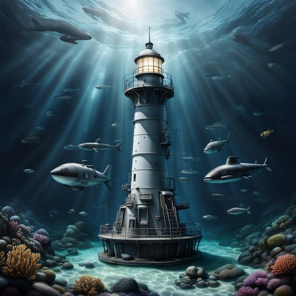 Submarine Guided by Hyper Realistic Underwater Lighthouse