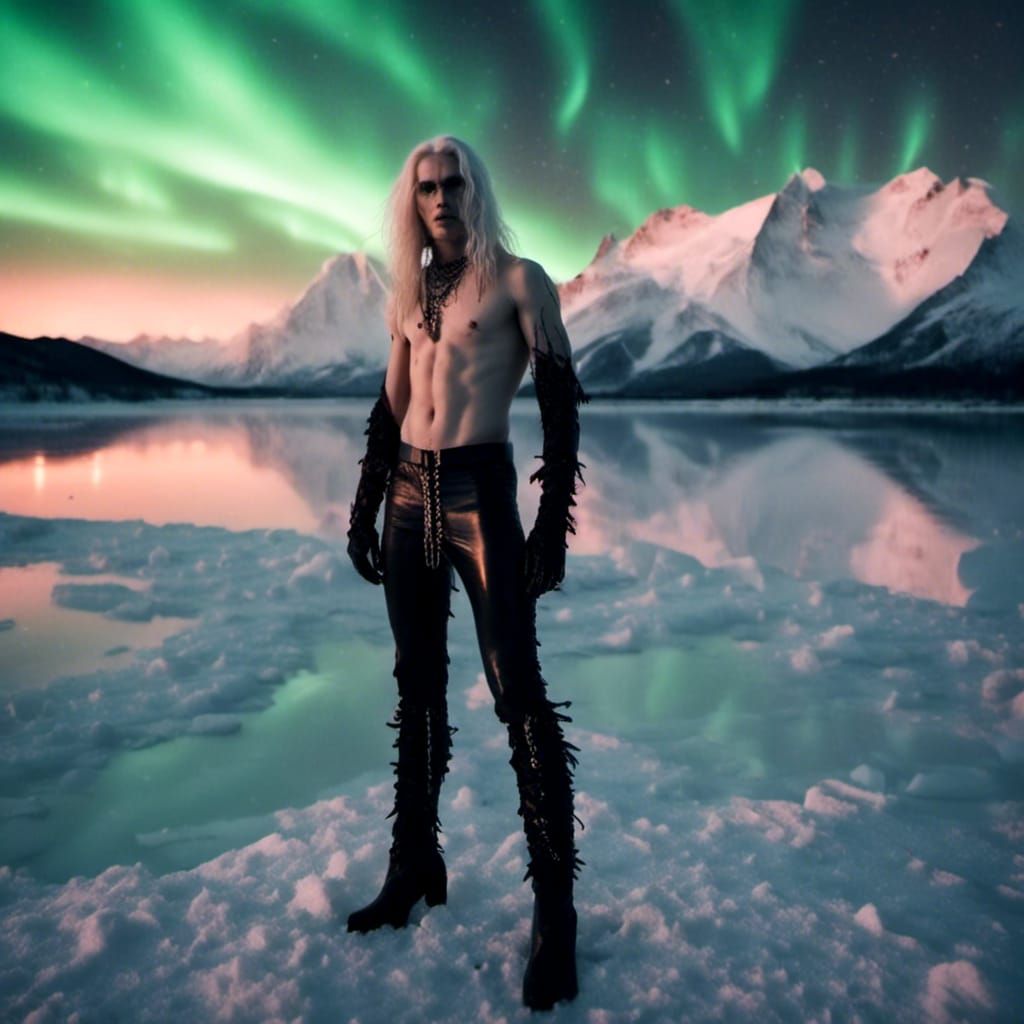 Hyperreal Young Man Stands in Front of the Northern Lights
