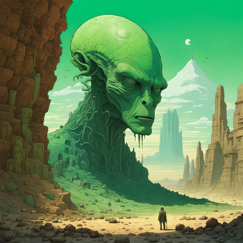 Surreal Emerald Planet with Ancient Alien Sculpture in Ligne...