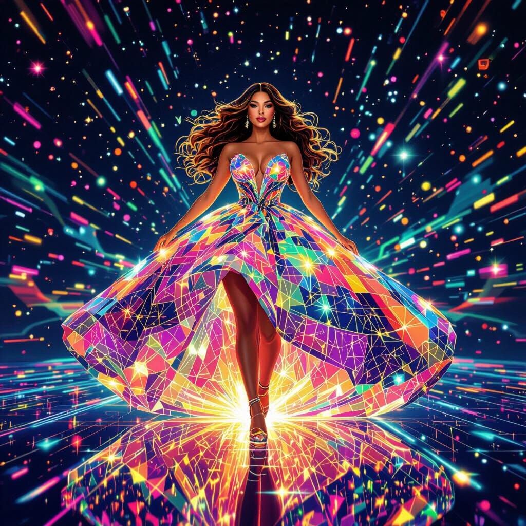 Psychedelic Laser Gown Woman in Cosmic Abstract Art