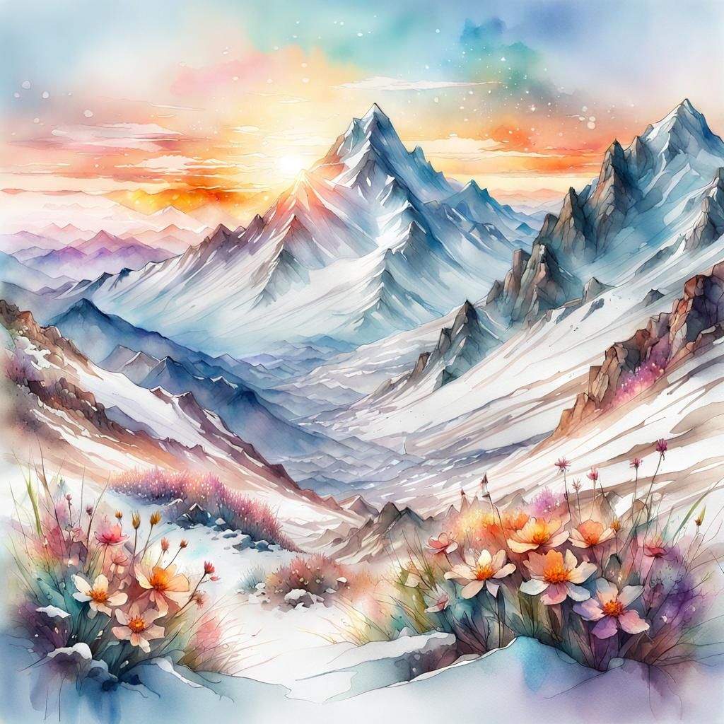 Whimsical Spring Mountain Watercolor