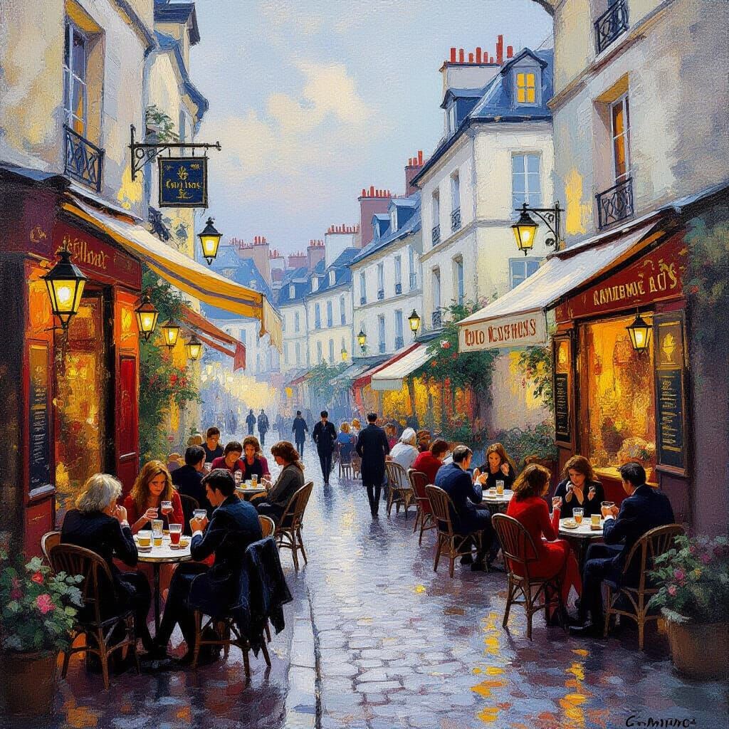 Paris Montmartre: Evening Terrace Scene in Impressionist Sty...