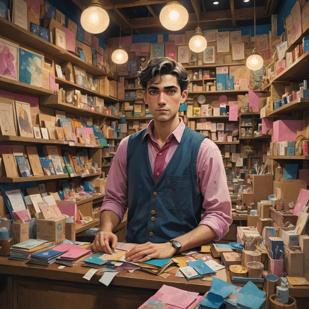 Whimsical Shopkeeper in Moody Cityscape Collage