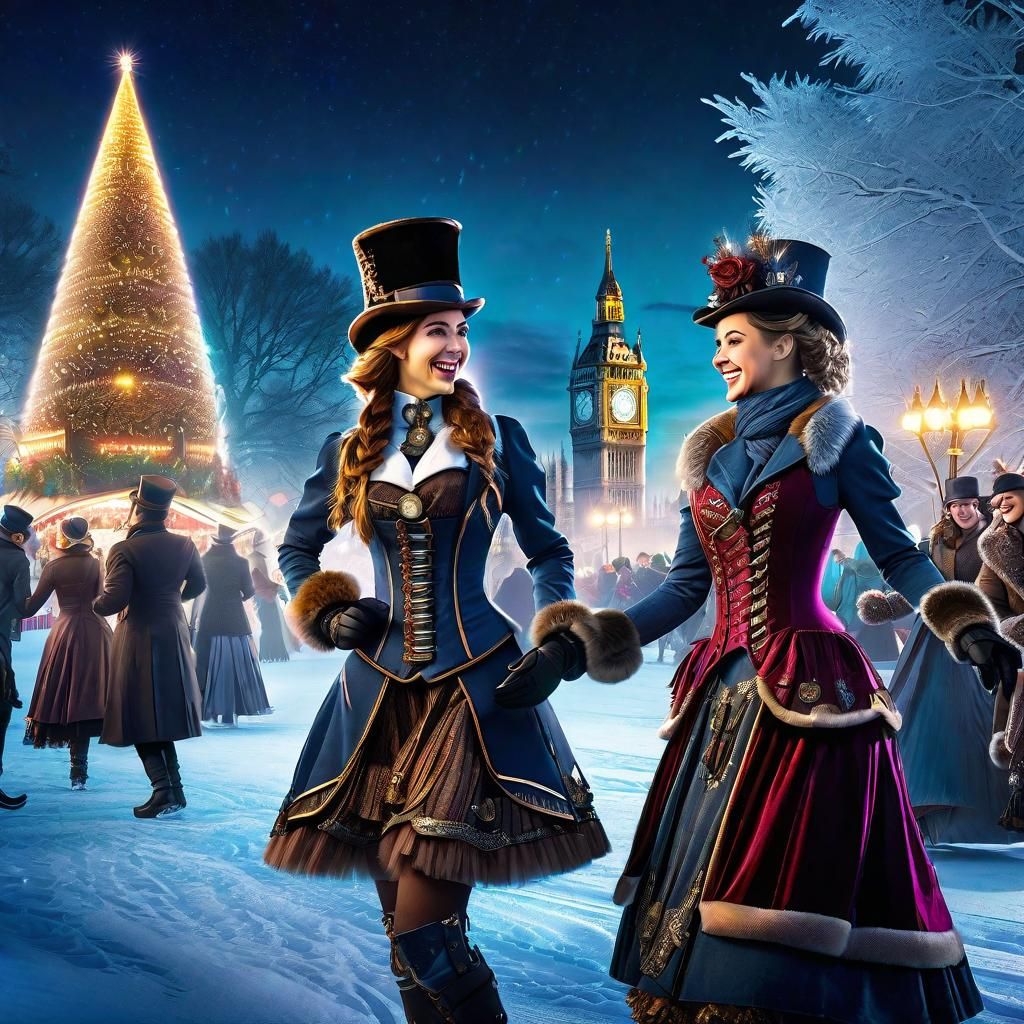 Steampunk Ladies Skate Under Starry London Frost Fair Sky