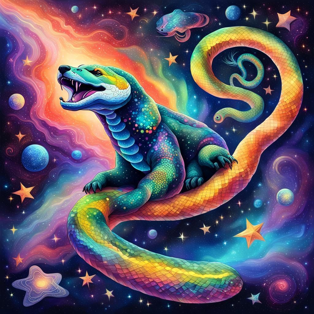 Vibrant Cosmic Snake-Bear in Holographic Astral Style