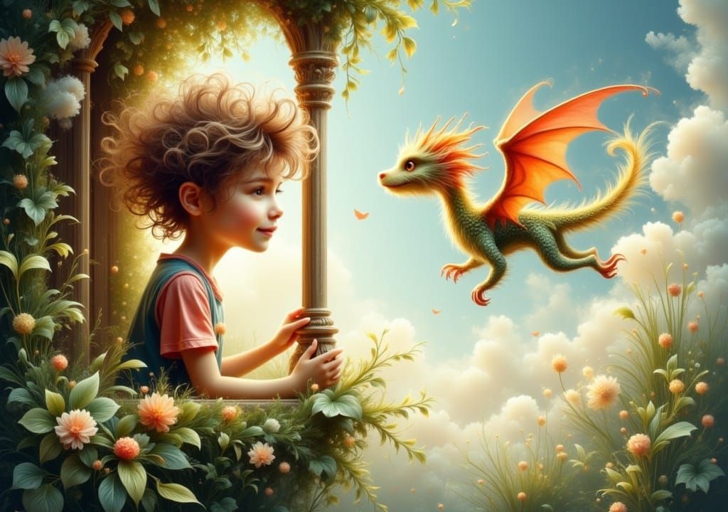 Whimsical Cottage Scene with Friendly Dragon and Boy