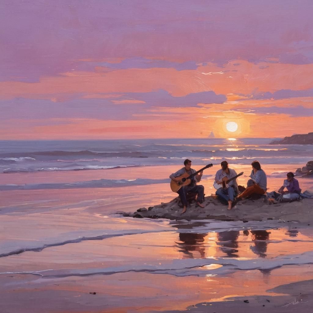 Warm Sunset Scene of Friends Singing by a Beach Fire in Impr...