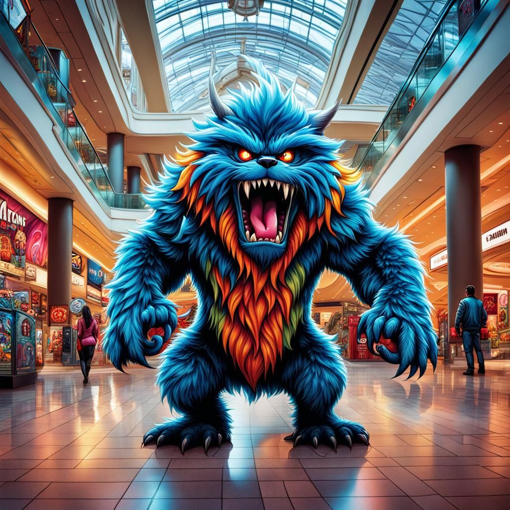 Furry Monster Throws a Tantrum in a Vibrant Mall Scene
