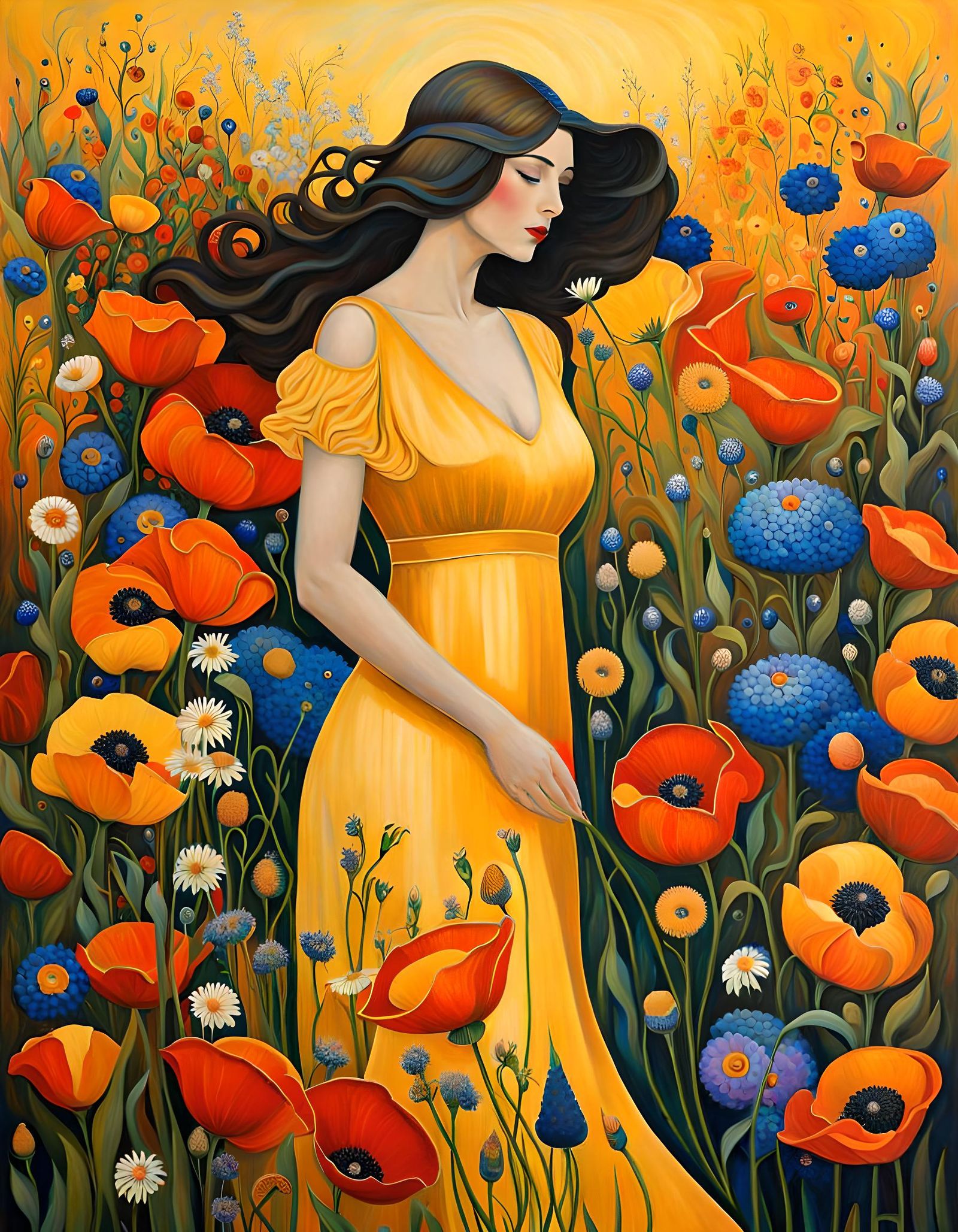 Vibrant Woman in Yellow Dress Amidst Wildflowers in a Klimt-...