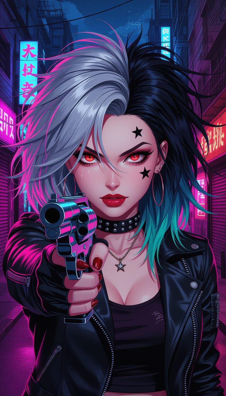 Punk Gunslinger: Anime-Realism Fusion in Neon Grunge