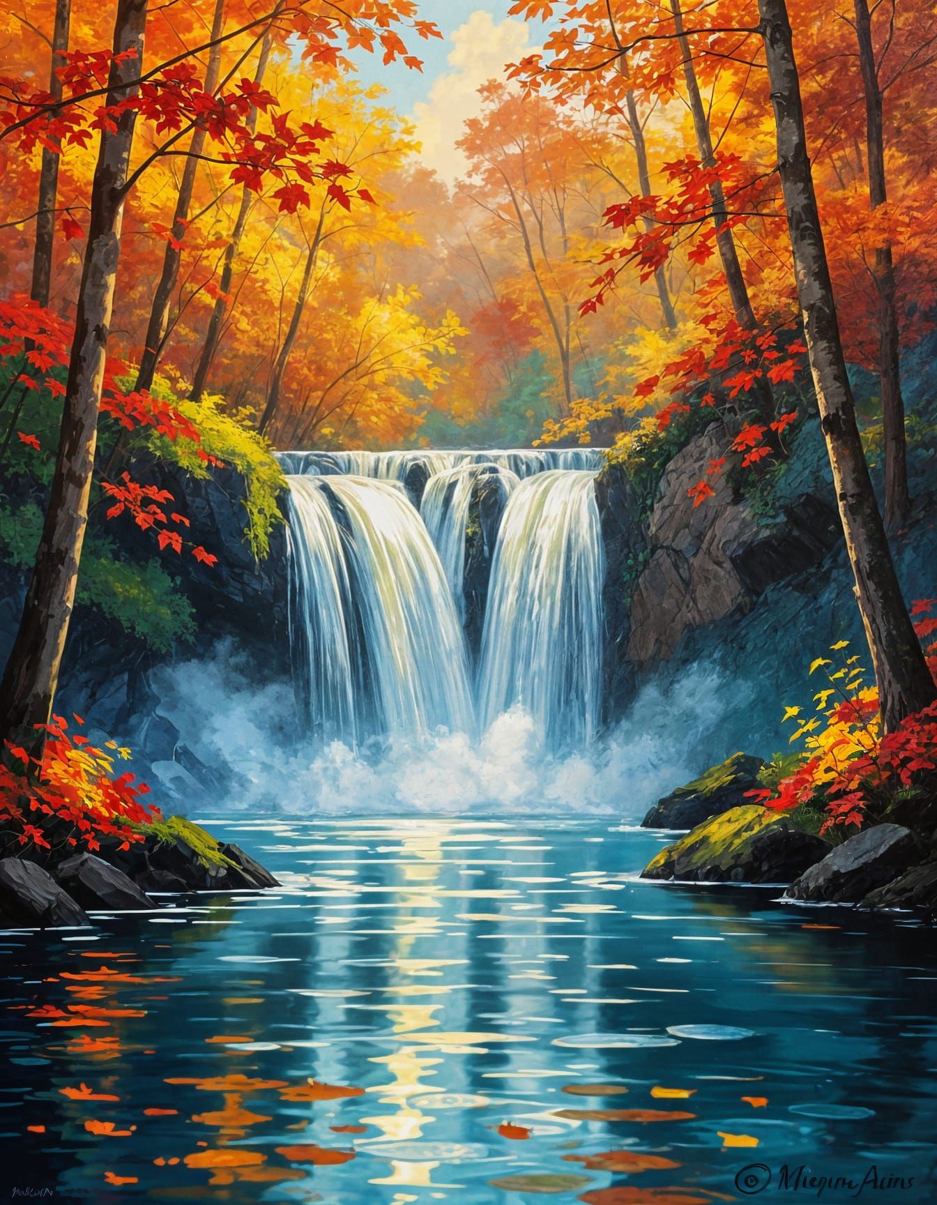 Impressionist Autumn Waterfall in Golden Hour Light
