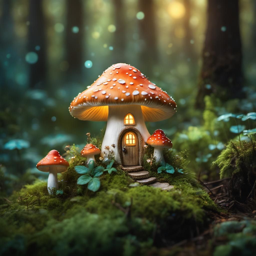 Ethereal Fairy Mushroom Abode in a Bioluminescent Forest