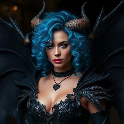 Fantasy Woman Portrait with Blue Hair and Dragon Attire
