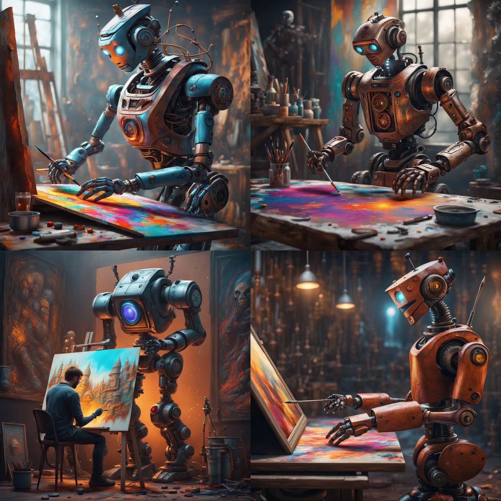Cyberpunk Artist at Work in Fantastical Studio