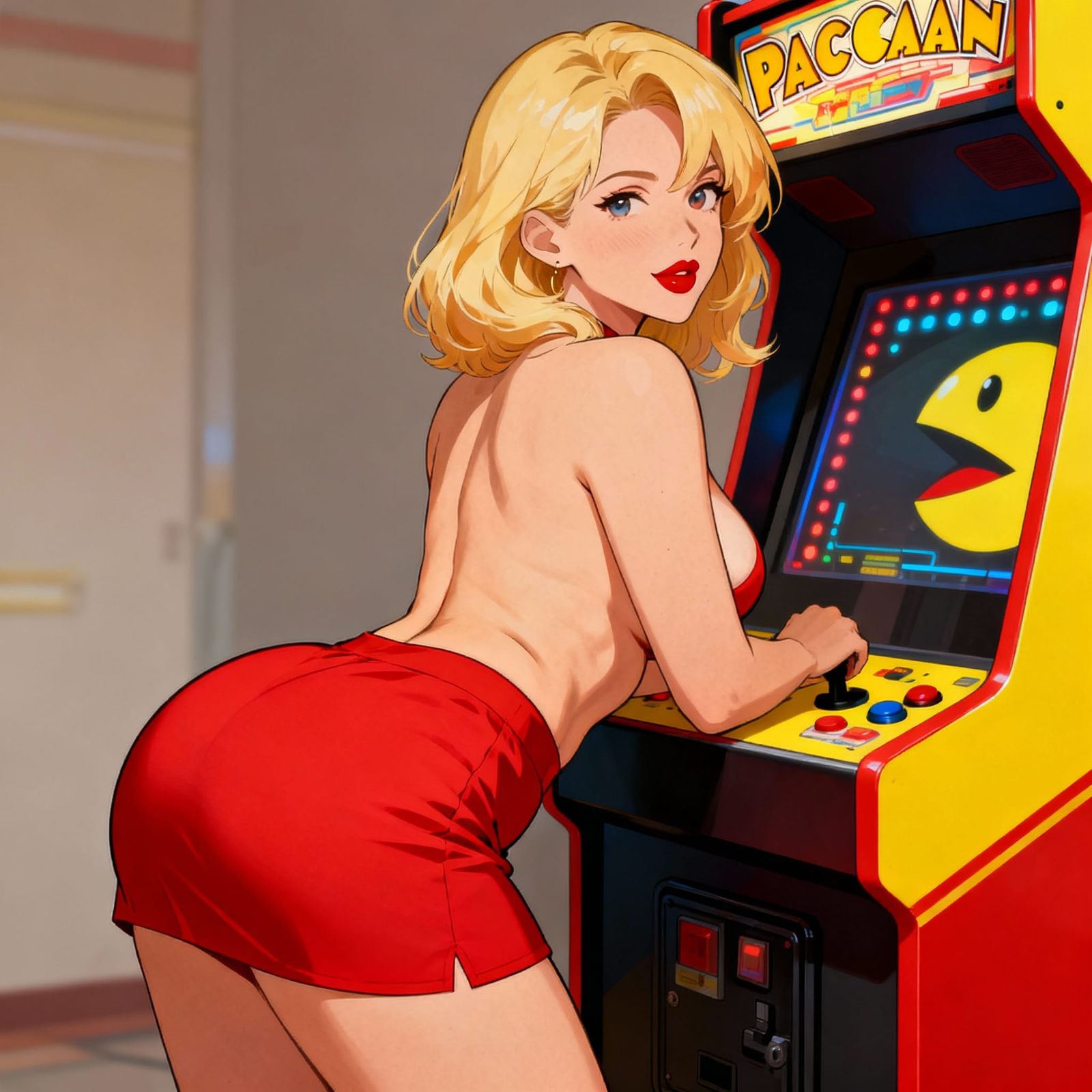 Anime Woman Leans Against Pac-Man Machine