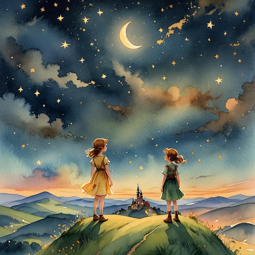 Enchanted Hillside Scene under Starry Night Sky