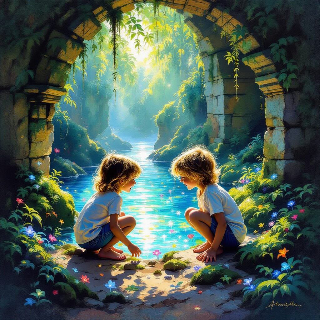 Children Discovering Bioluminescent Cove in Impressionist St...