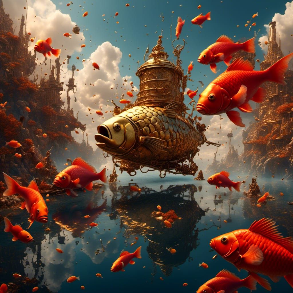 Surreal Koi Fish Swim in Air with Gold and Red Splendor
