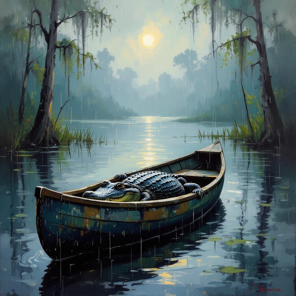 Alligator in Misty Swamp: Neo-Impressionist Oil Painting