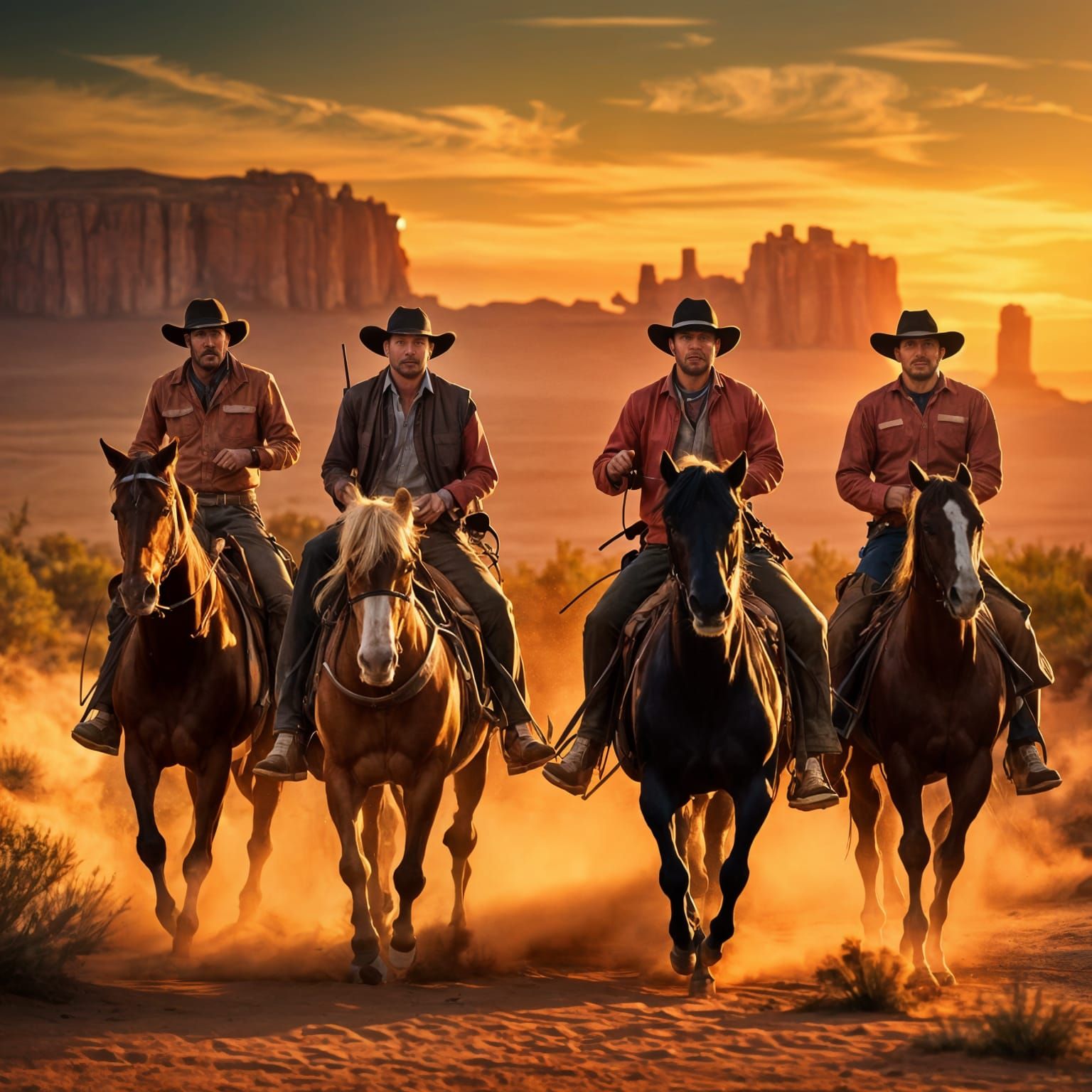 Seven Cowboys Ride into Vibrant Desert Sunset