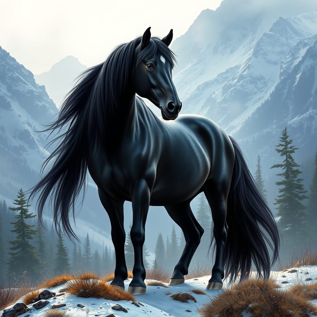 Majestic Black Horse in Snowy Mountain Landscape