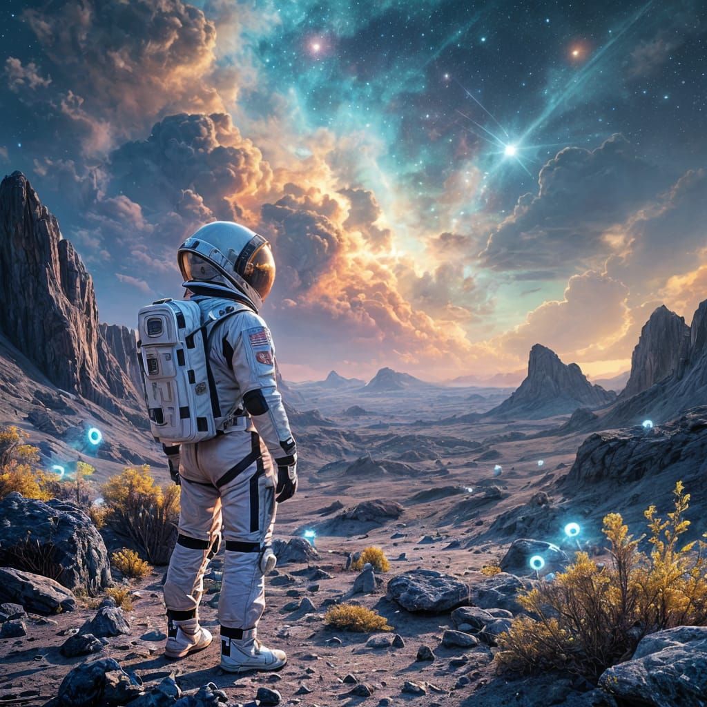 Astronaut on Alien Planet Gazing at Nebula