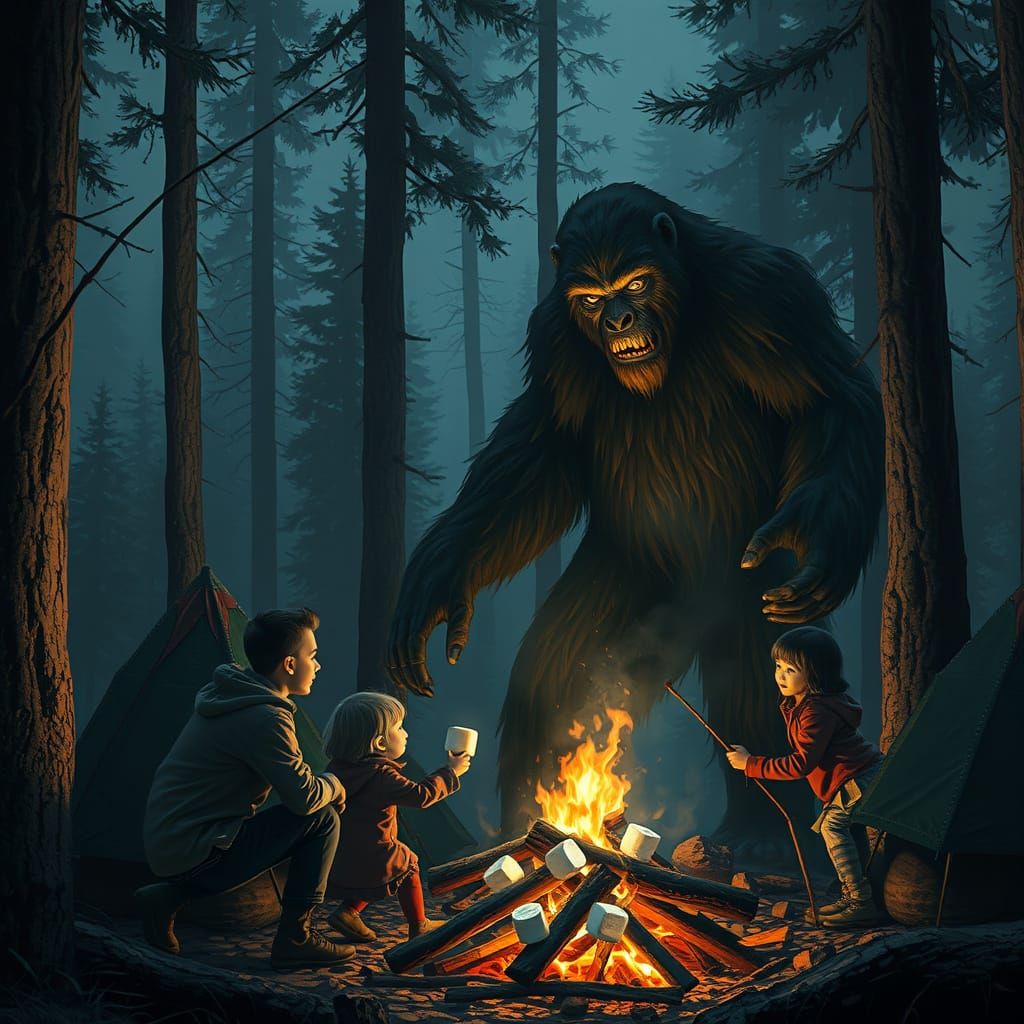 Ethereal Sasquatch Watches Campfire, Dark Fantasy Art