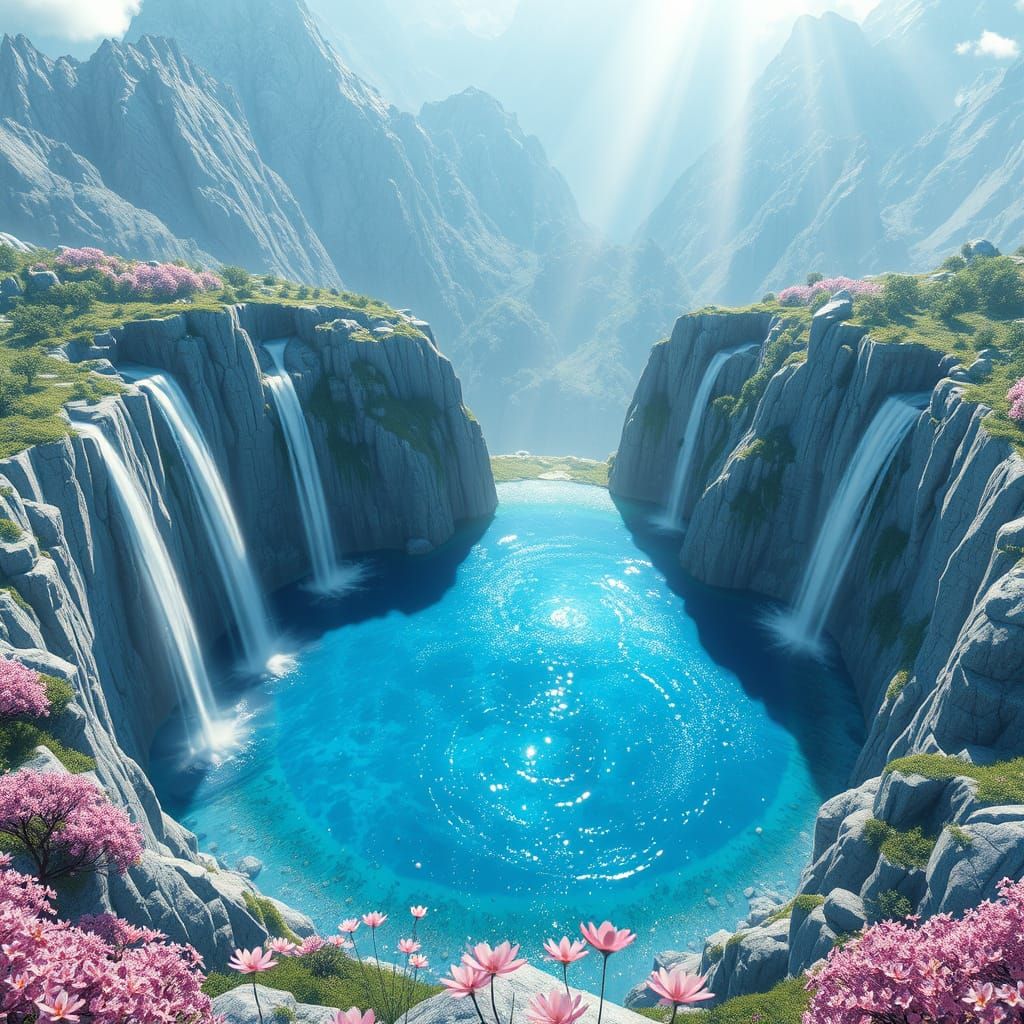 Mountaintop Sanctuary with Waterfalls in Anime Art Style