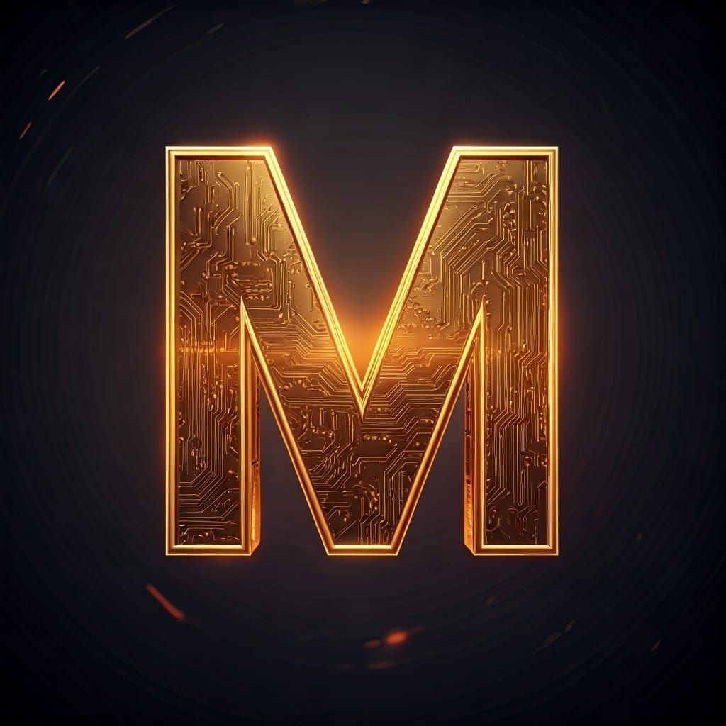Golden Letter M with Micro-Circuitry in 3D Style