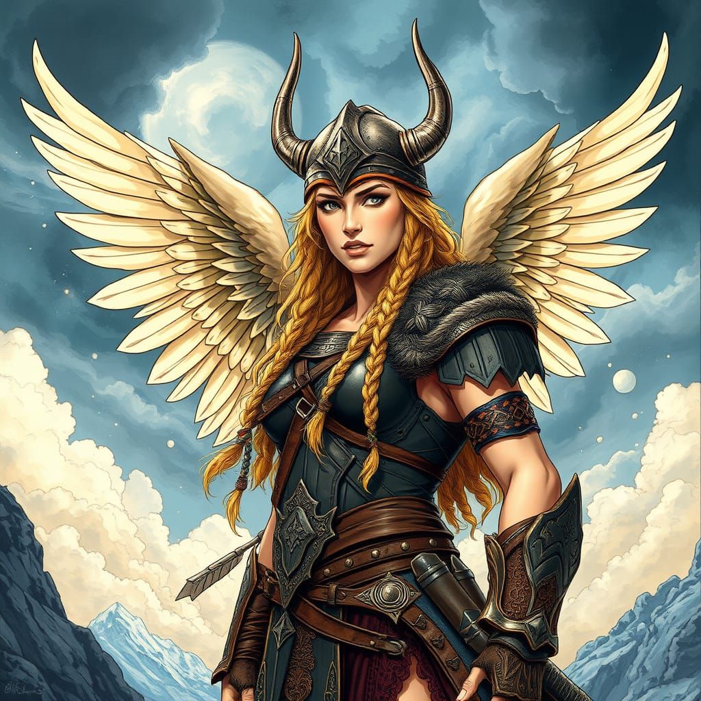Viking Warrior Woman with Wings and Horned Helmet