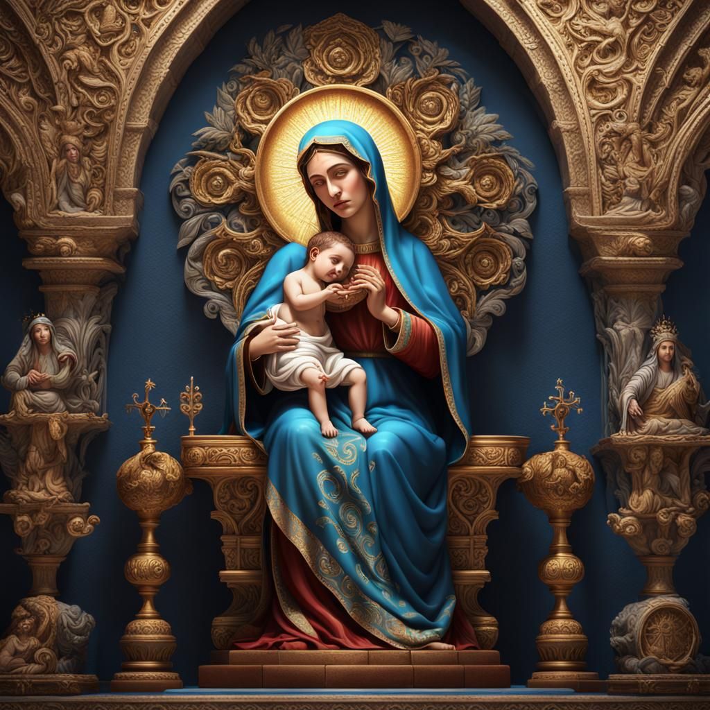 Majestic Virgin Mary with Christ Child in a Vibrant Fantasy....