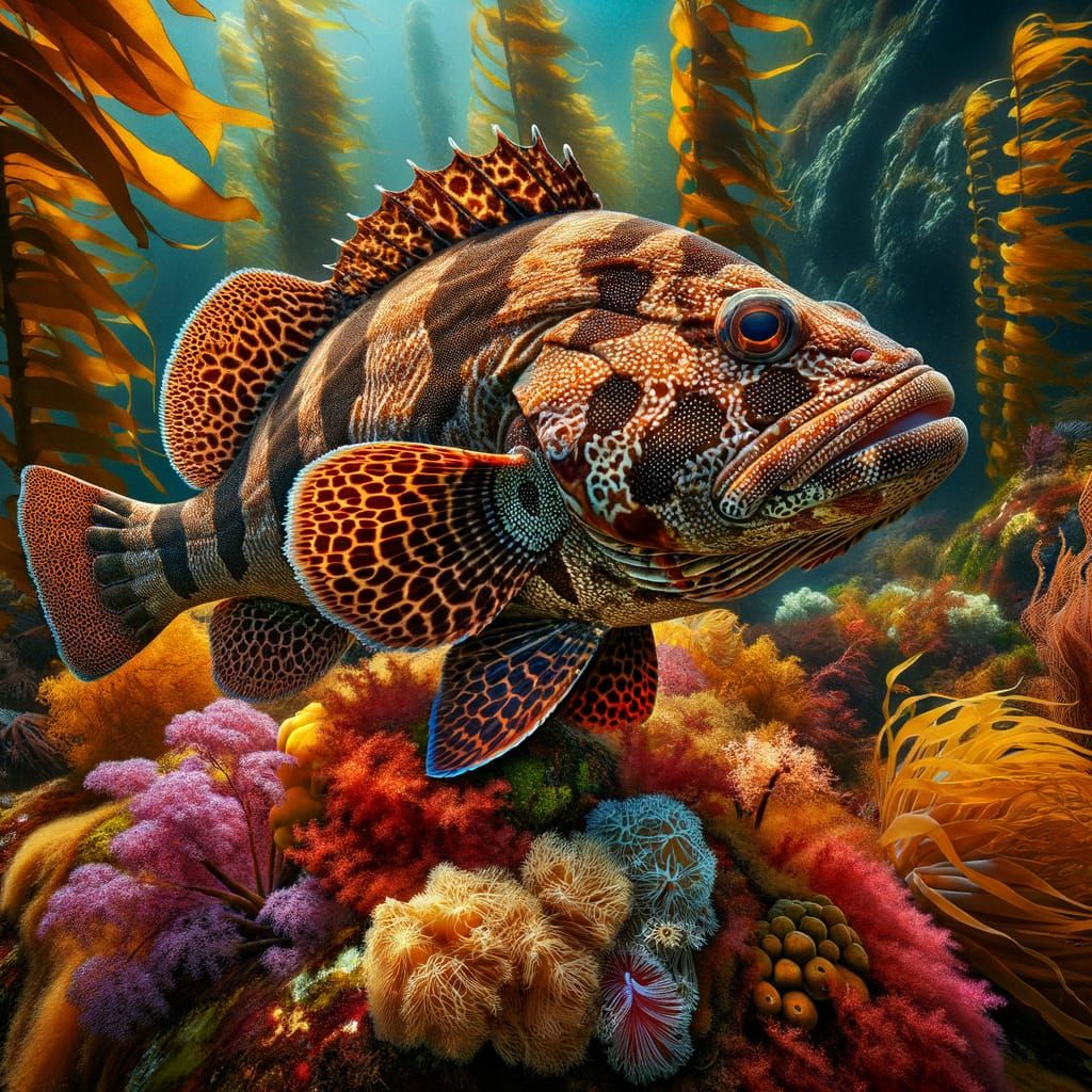 Vibrant Cabezon Fish in Kelp Forest, Underwater Scene