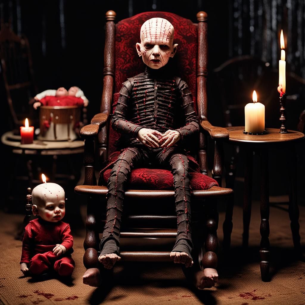 Hellraiser Baby Pinhead in Arms of Female Pinhead, Dark Room...