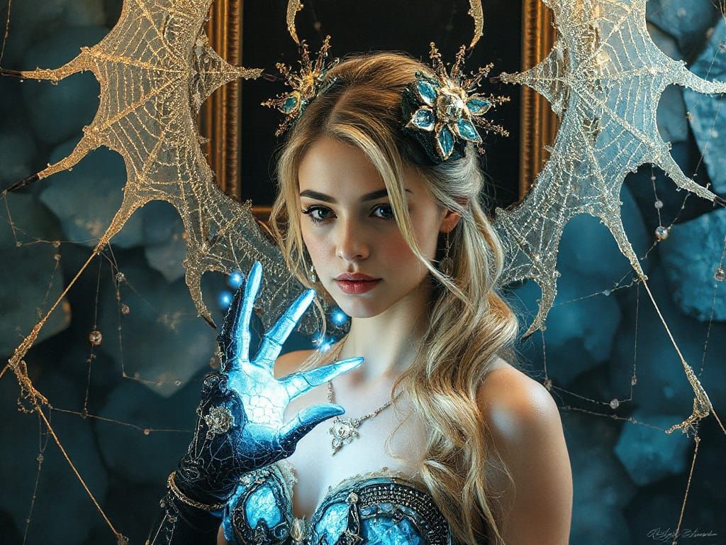 Ethereal Celestial Warrior Woman with Spiderweb Art