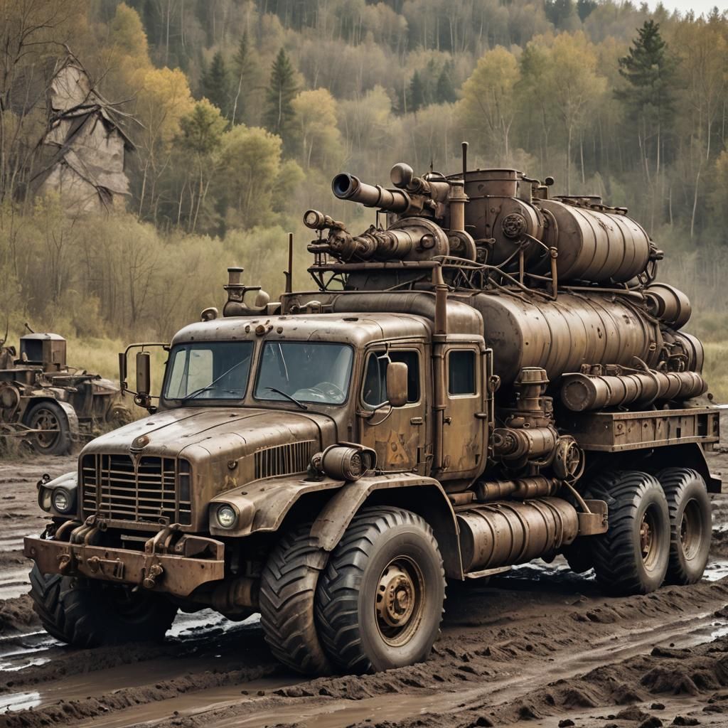 Surreal Steampunk Diesel Truck Abandoned in Muddy Battlefiel...
