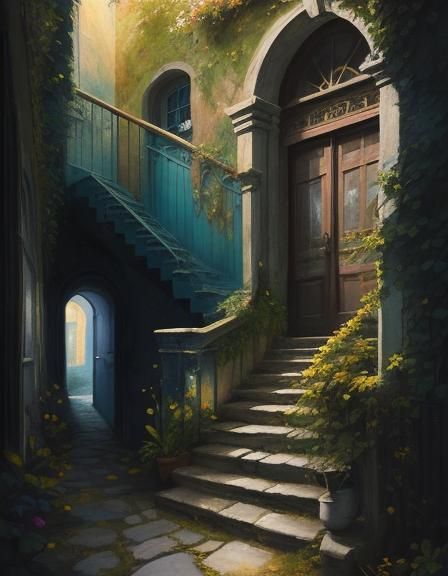 Dreamscape Stairway to a Blue Door, Photorealistic Atmospher...