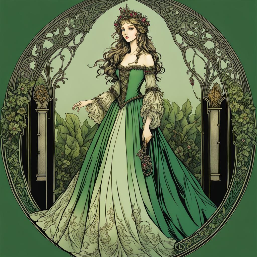 Elegant Medieval Maiden in Green Ballgown, Arthur Rackham St...