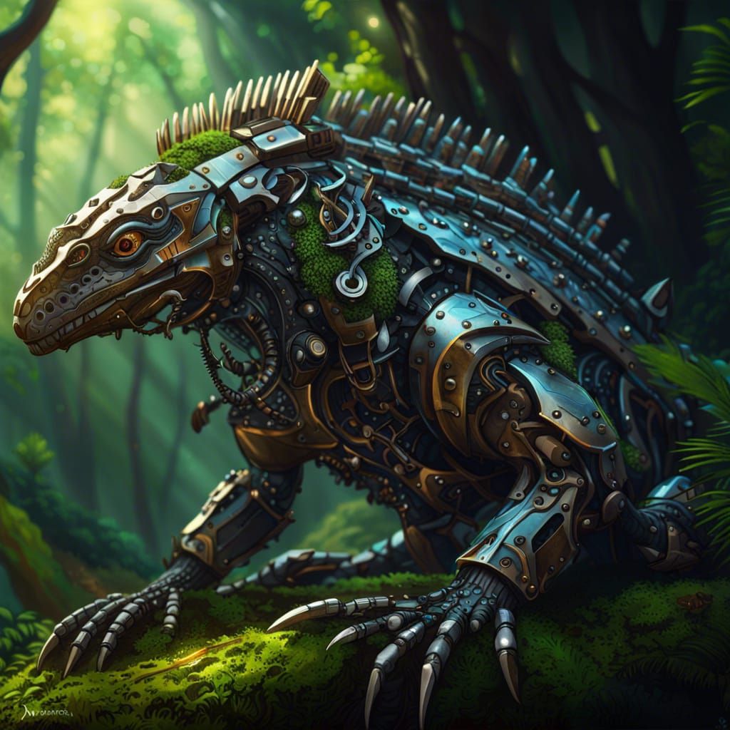Intricately Detailed Mechanical Lizard in a Forest