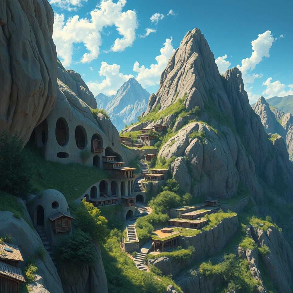 Solarpunk Mountain Oasis with Organic Architecture