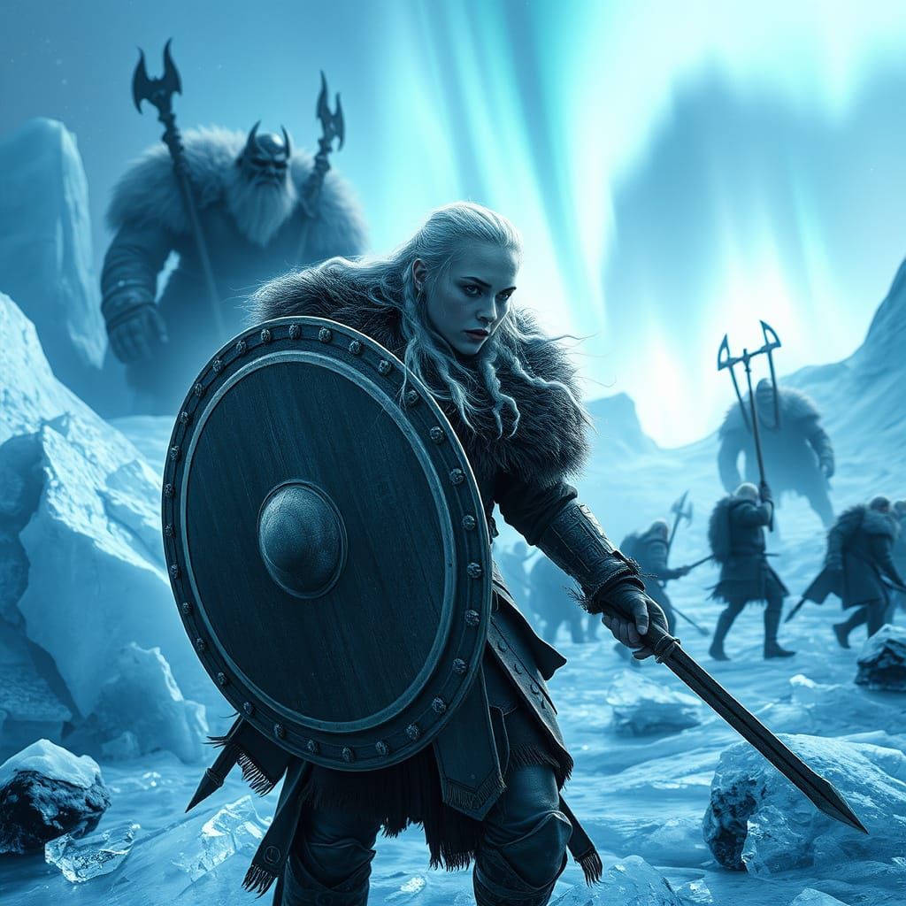Viking Shieldmaiden Battles Frost Giants on Glacier