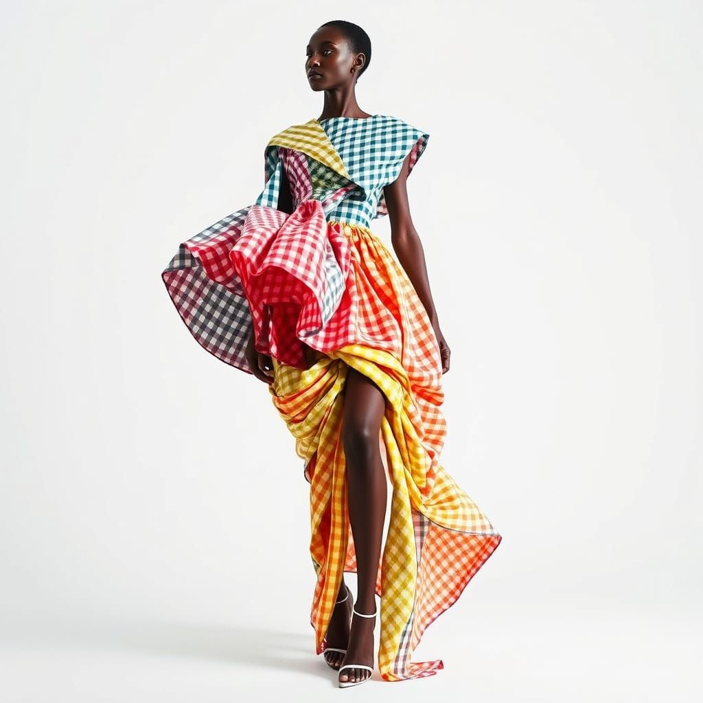 Avant-Garde Fashion Photography with Multicolored Gingham Dr...